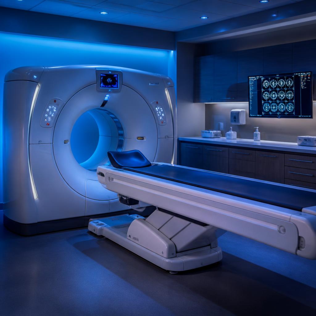 Sala de radiología hospitalaria con equipo TAC