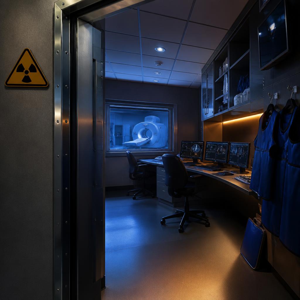 Sala de control de seguridad radiológica con chalecos de plomo